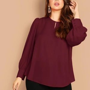 Long sleeve puff ruffle mock neck keyhole back dressy blouse top burgundy